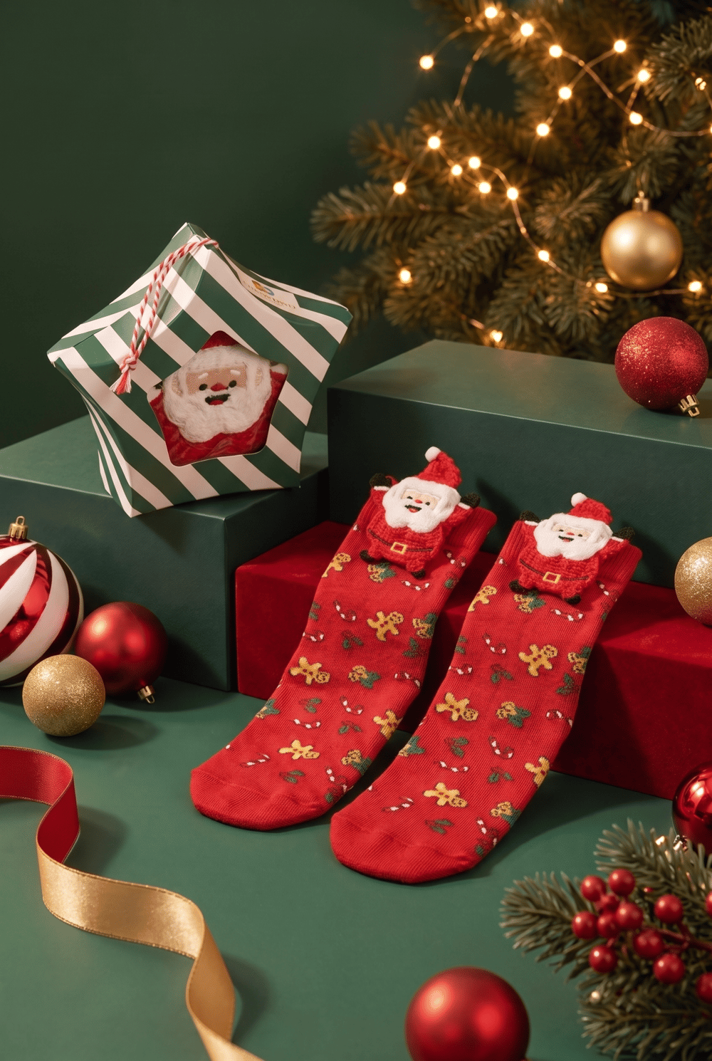Unisex Yılbaşı Temalı Kutulu Noel Baba Aksesuarlı Soket Yılbaşı Çorabı