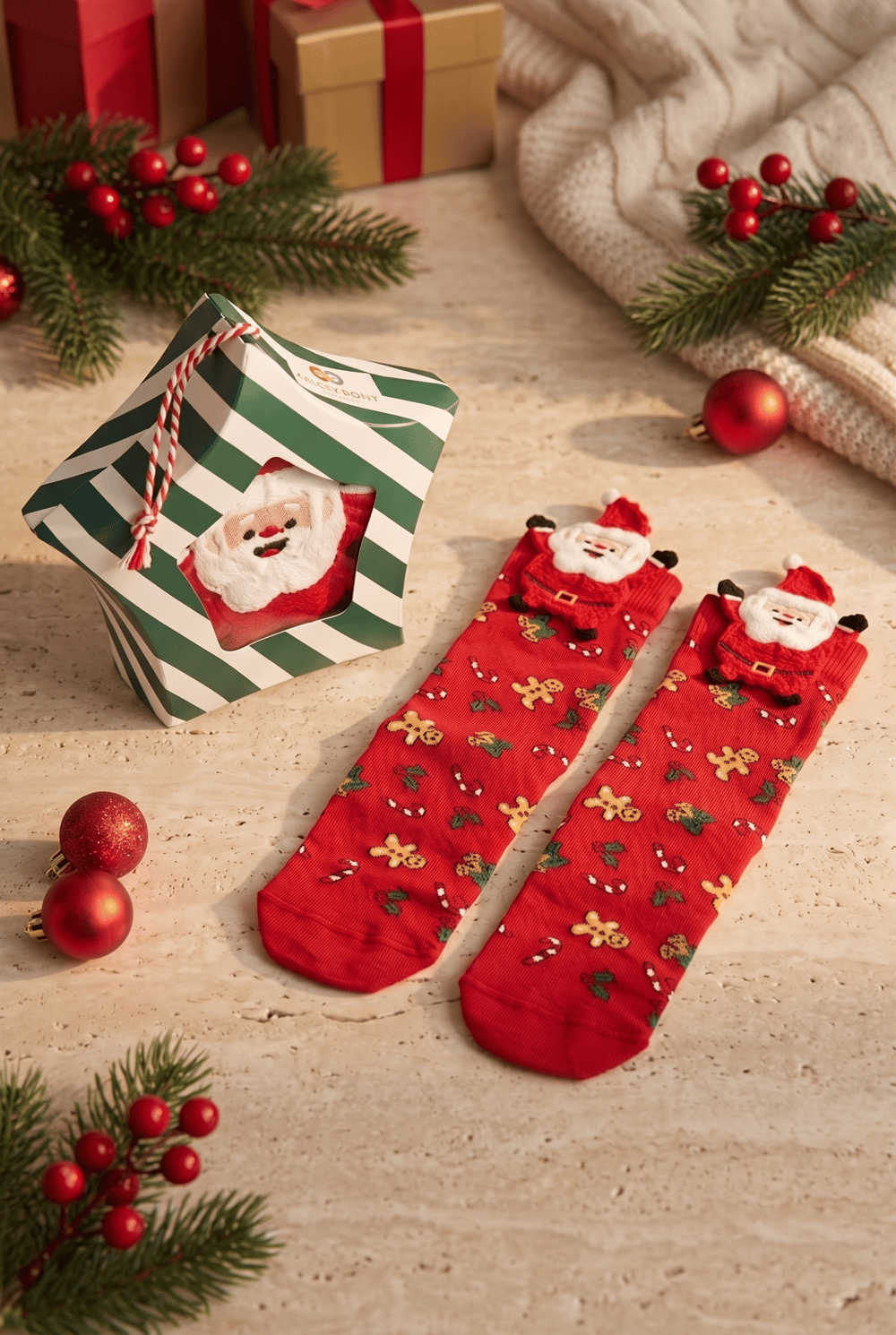 Unisex Yılbaşı Temalı Kutulu Noel Baba Aksesuarlı Soket Yılbaşı Çorabı