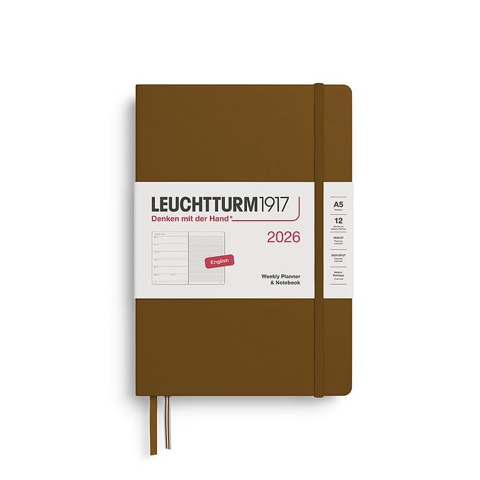 Leuchtturm1917 Orta Boy (A5) 12 Aylık Ajanda ve Not Defteri (Çizgili) 2026 Sert Kapak, İngilizce, Baharat Kahvesi 372662