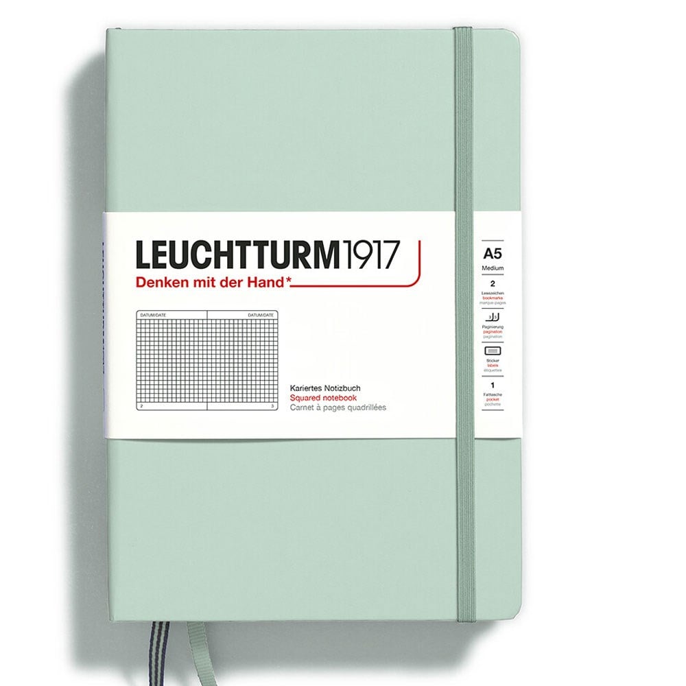  Leuchtturm1917 Doğal Renkler Serisi Not Defteri, Orta Boy (A5), Sert Kapak, 251 Numaralandırılmış Sayfa, Kareli, Mint Green 367261