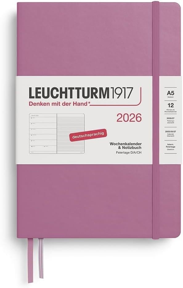 Leuchtturm1917 Orta Boy (A5) 12 Aylık Ajanda ve Not Defteri (Çizgili) 2026 Sert Kapak, Almanca, Dusty Rose 372471
