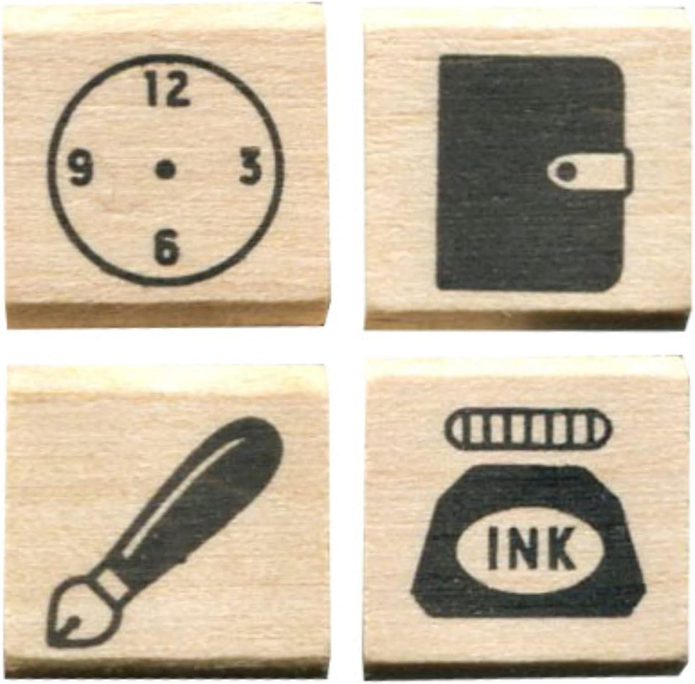 Kodomo no Kao 0409-005 Clock, Notebook, Fountain Pen, Ink 4'lü Ahşap Damga Seti
