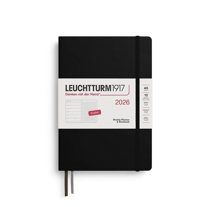 Leuchtturm1917 Orta Boy (A5) 12 Aylık Ajanda ve Not Defteri (Noktalı) 2026 Sert Kapak, İngilizce, Siyah 372700