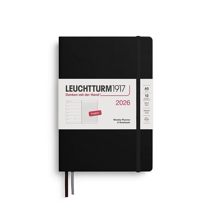 Leuchtturm1917 Orta Boy (A5) 12 Aylık Ajanda ve Not Defteri (Çizgili) 2026 Sert Kapak, İngilizce, Siyah 372650
