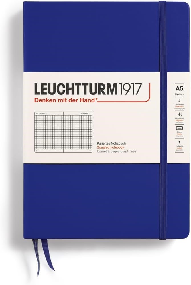 Leuchtturm1917 Not Defteri Orta Boy (A5), Sert Kapak, 251 Numaralandırılmış Sayfa, Kareli, Ink Blue 369794