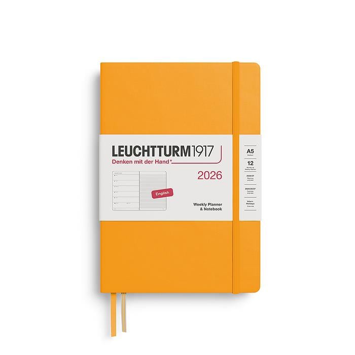 Leuchtturm1917 Orta Boy (A5) 12 Aylık Ajanda ve Not Defteri (Çizgili) 2026 Sert Kapak, İngilizce, Gündoğumu Sarı 372654
