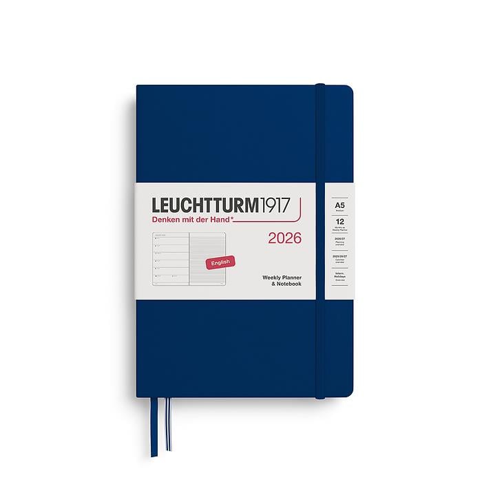 Leuchtturm1917 Orta Boy (A5) 12 Aylık Ajanda ve Not Defteri (Çizgili) 2026 Sert Kapak, İngilizce, Lacivert 372661