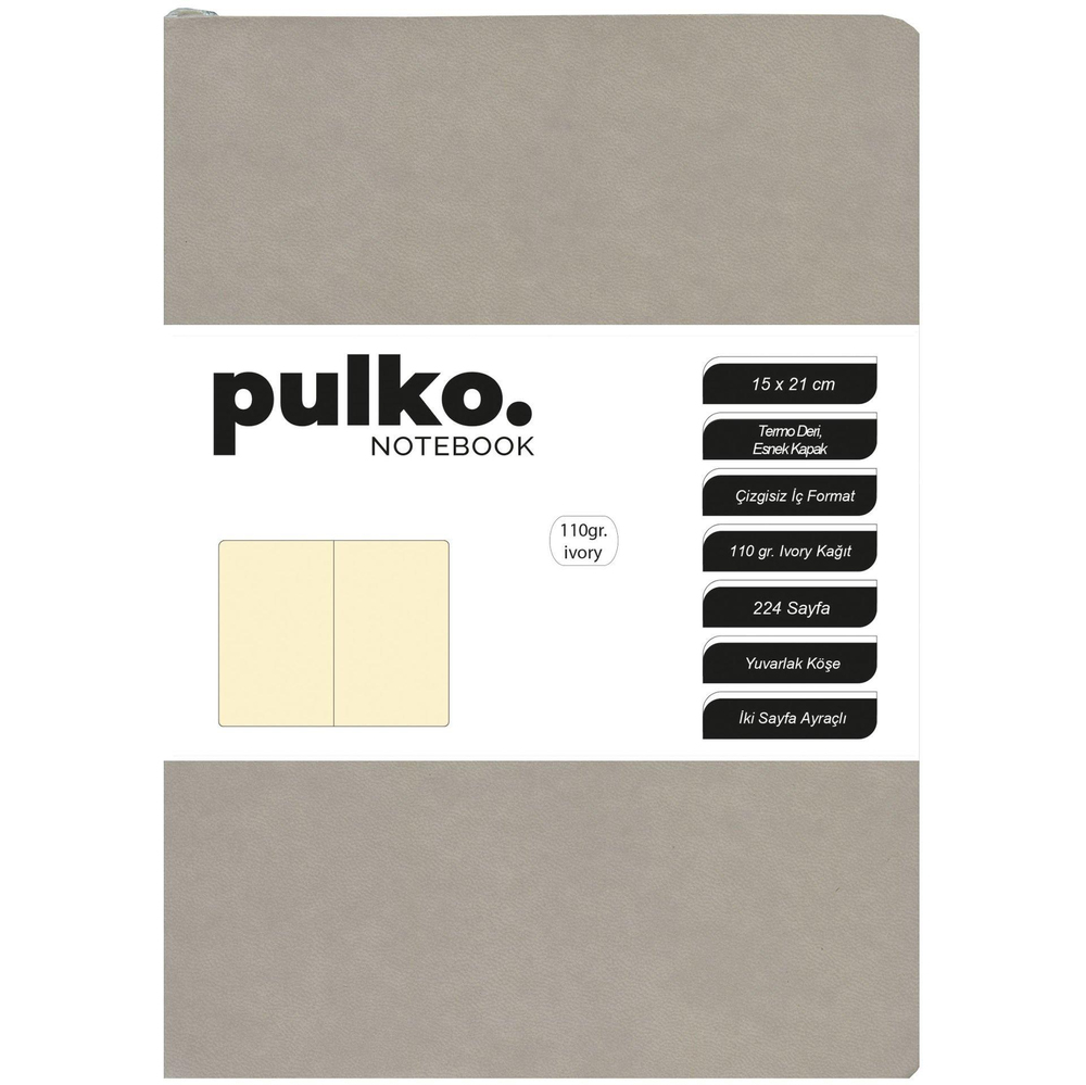 Pulko Defter 110gr Ivory Kağıt, A5, Termo Deri, 224 Sayfa, Düz, 047, Boz Gri