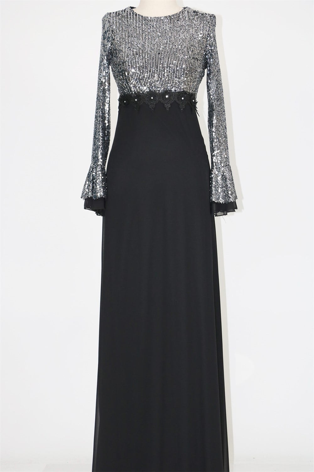 37283 Şifonlu Zara Payet Elbise - Siyah