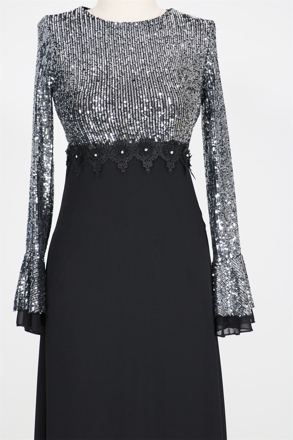 37283 Şifonlu Zara Payet Elbise - Siyah
