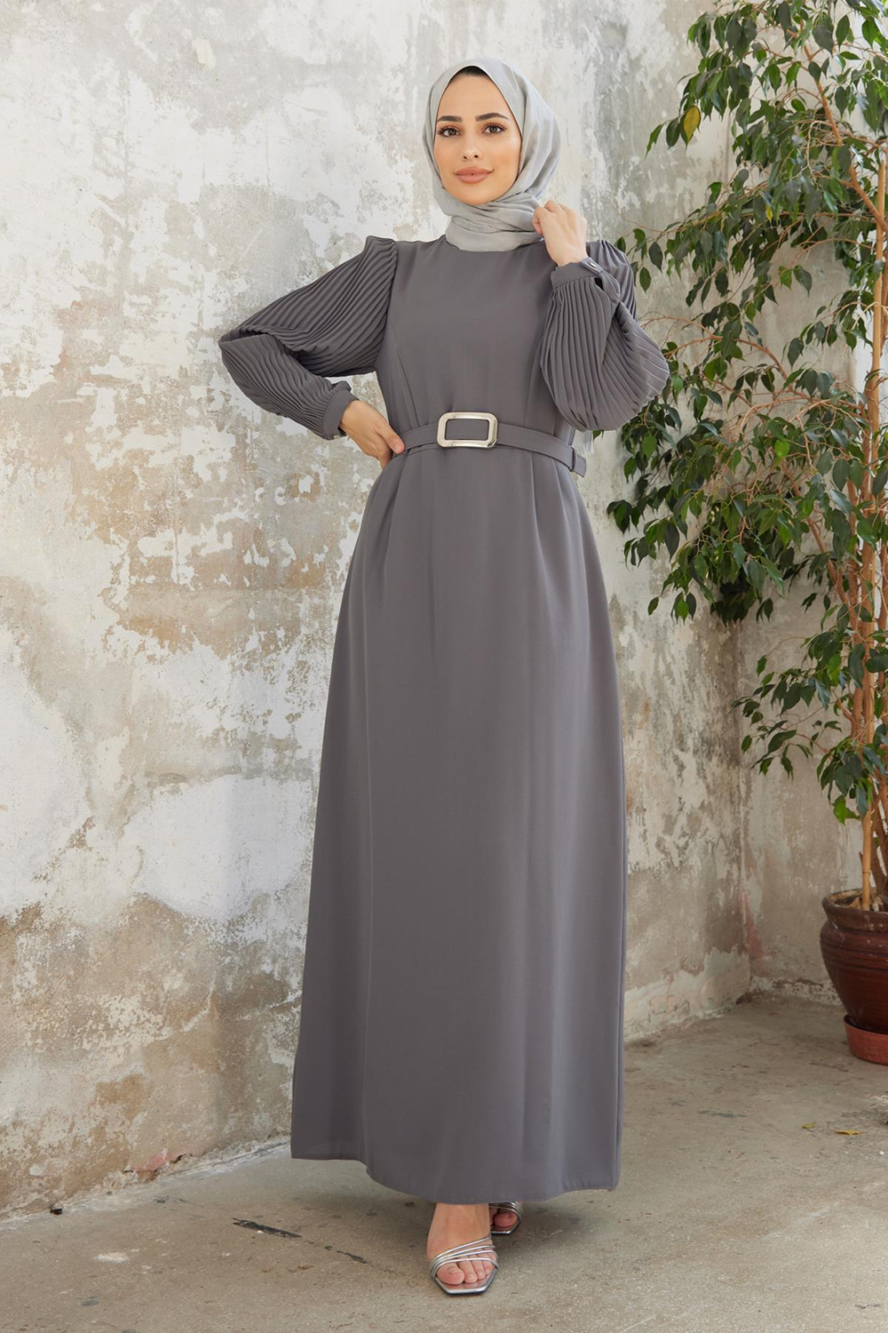 5014 Kolları Piliseli Elbise - Gri