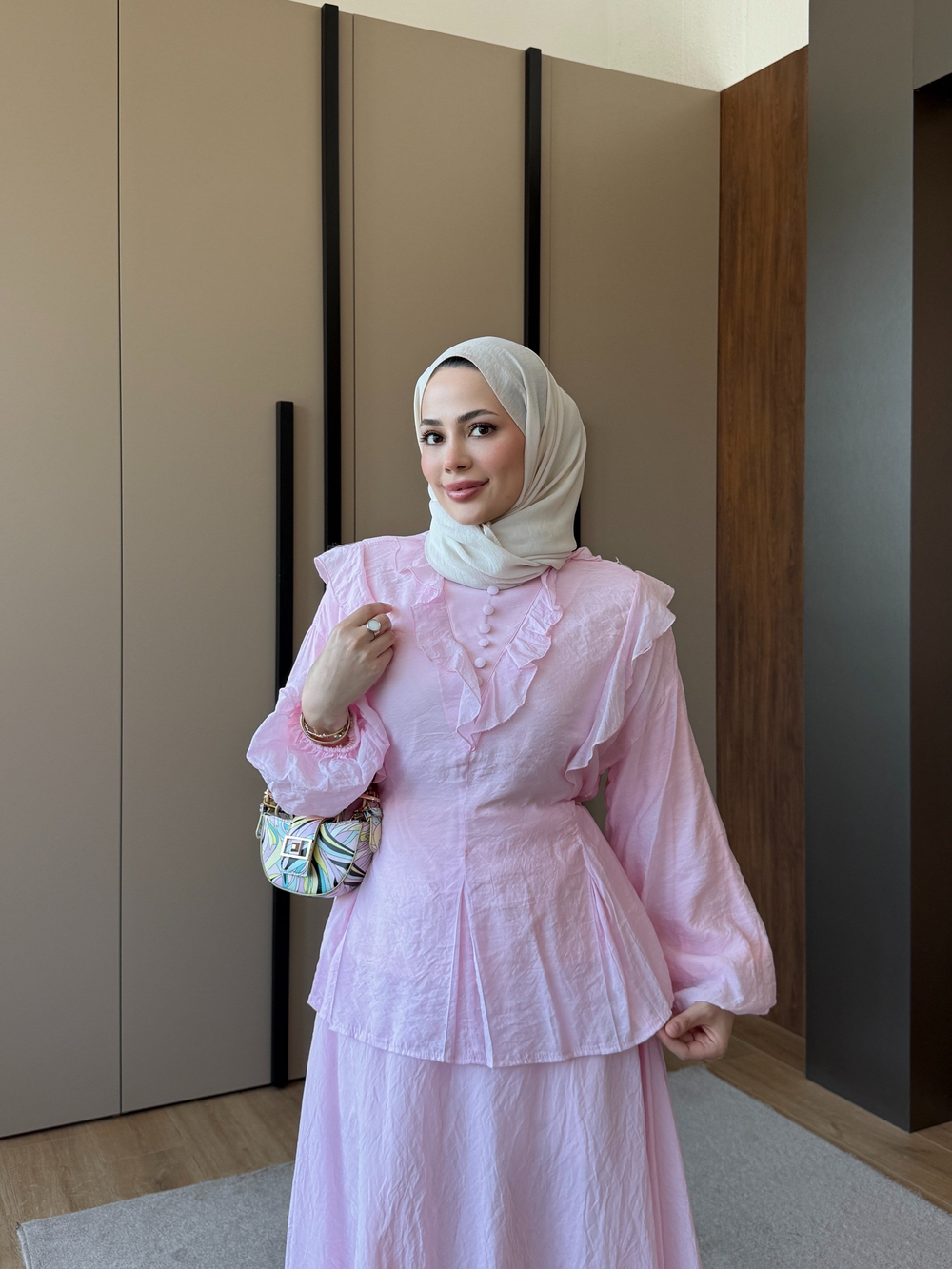 Bel Detaylı Düğmeli Etek Takım Pembe