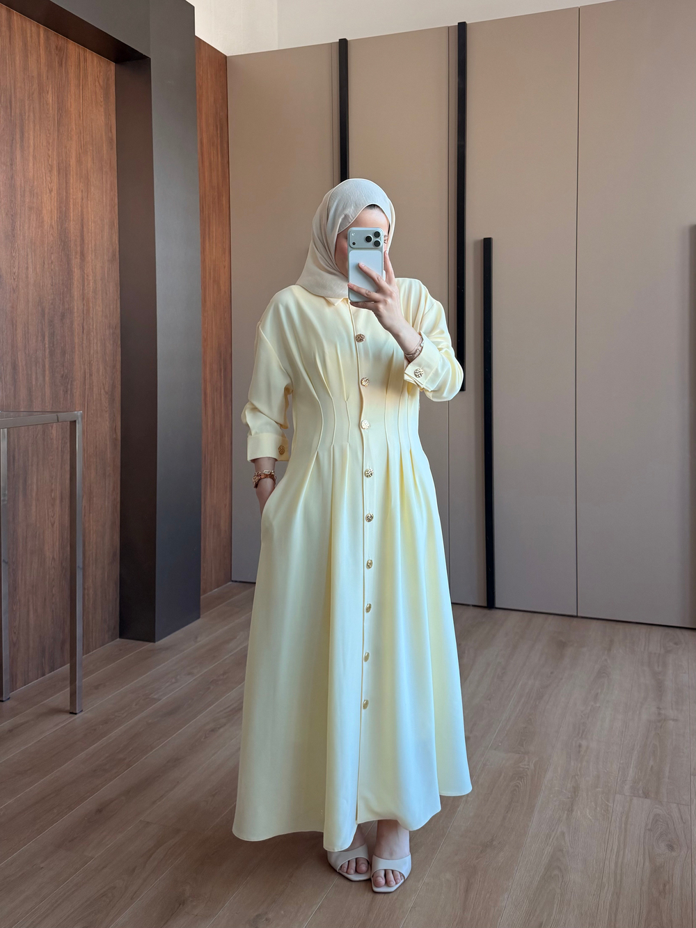 Bel Detaylı Elbise Sarı