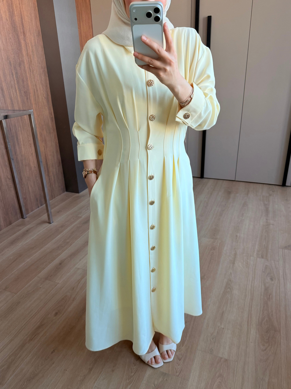 Bel Detaylı Elbise Sarı