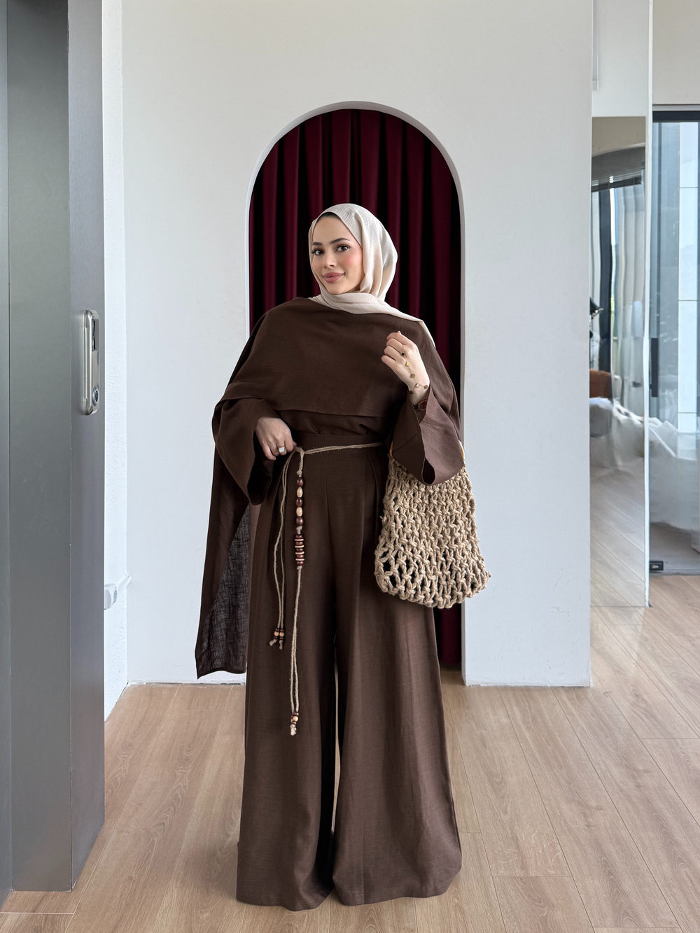 Boncuk Detaylı Pantolon Takım Kahverengi