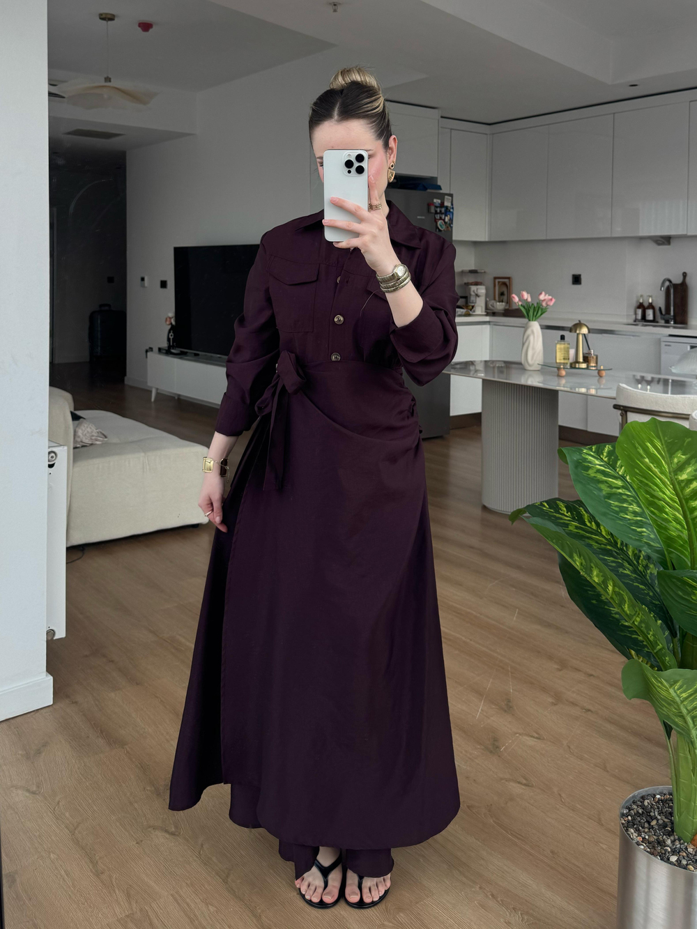 Cep Detaylı Bağlamalı Elbise Mürdüm