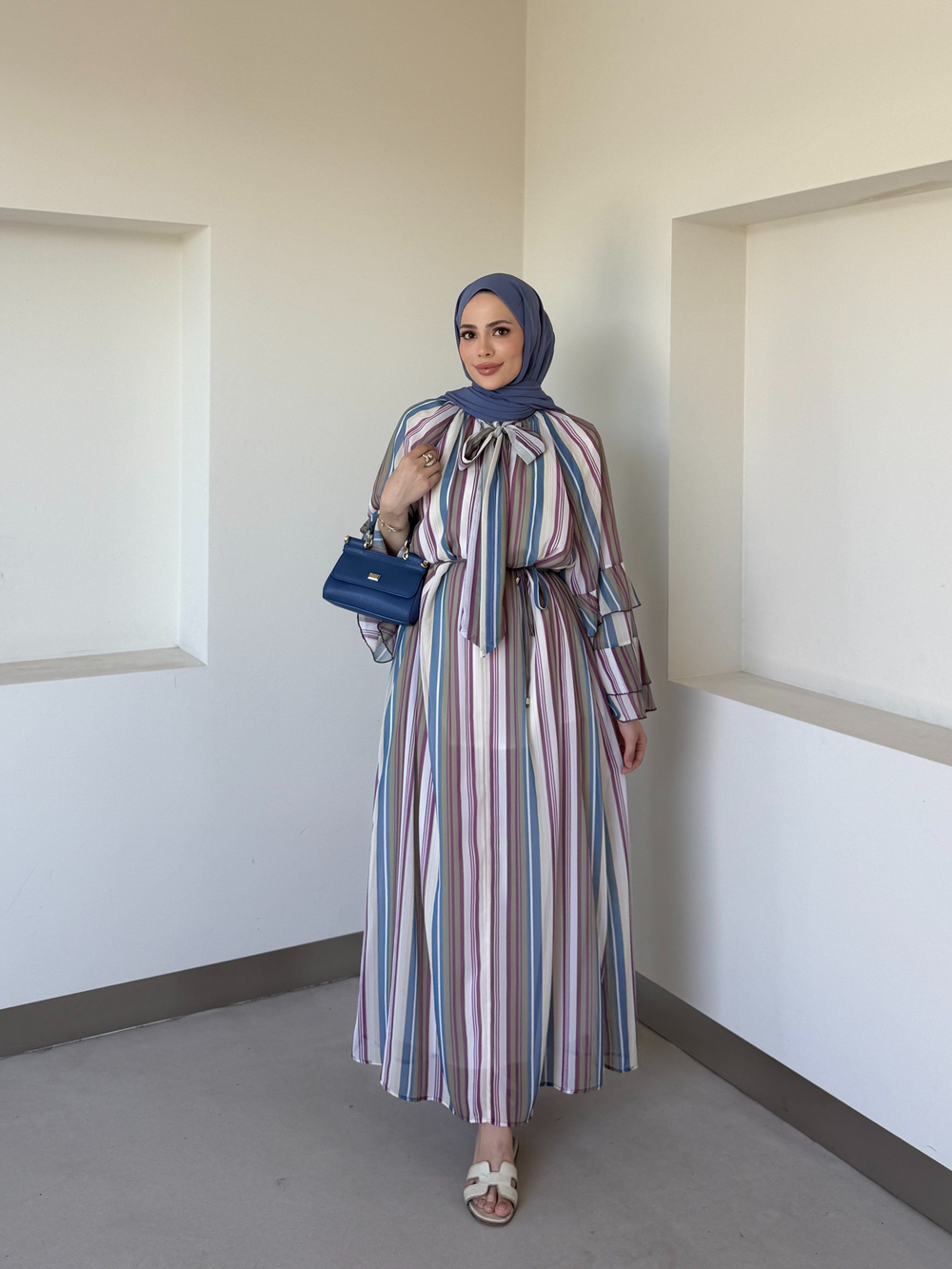 Çizgili Desenli Şifon Elbise Mürdüm