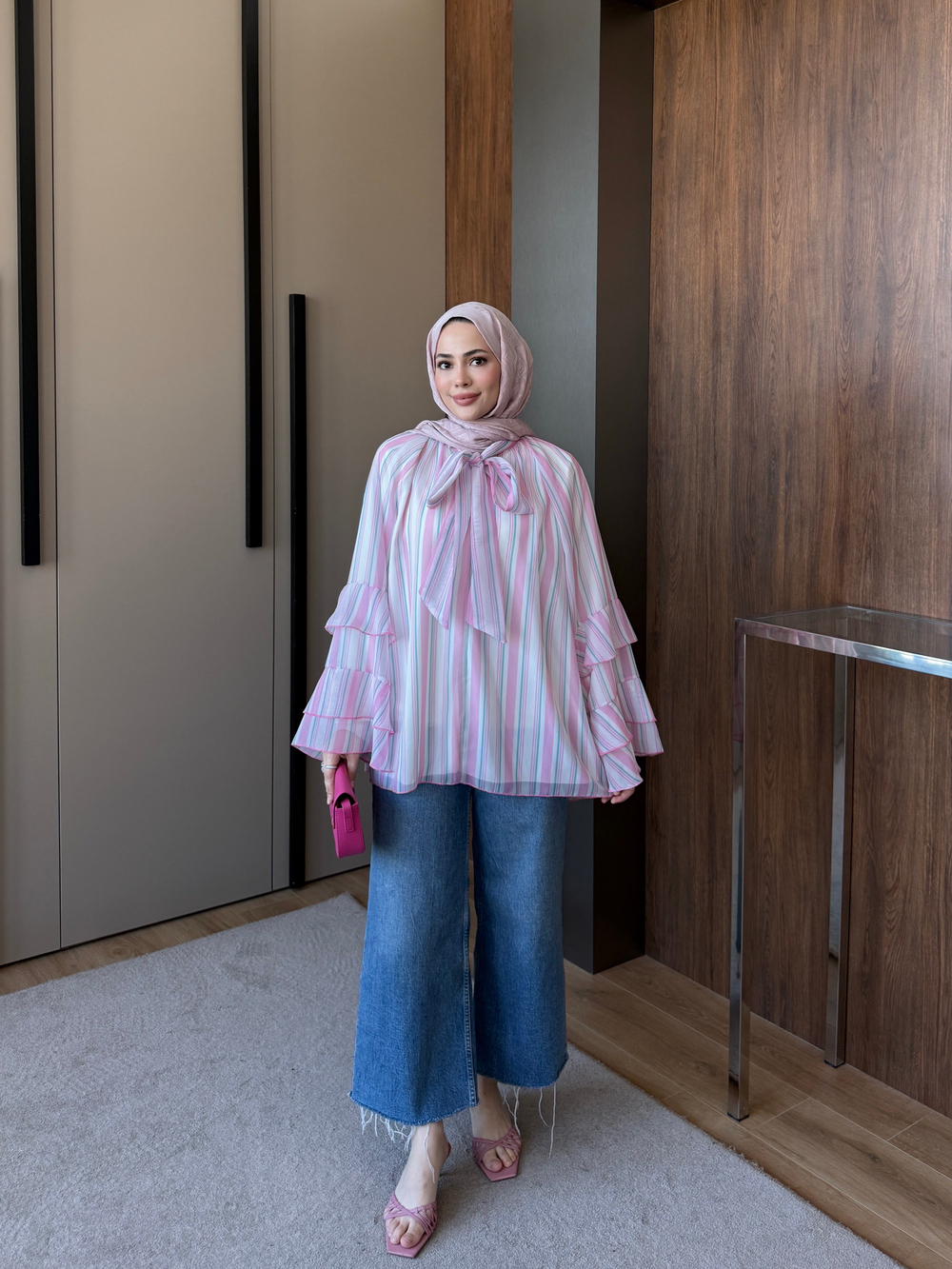 Çizgili Kolu Fırfırlı Gömlek Pembe