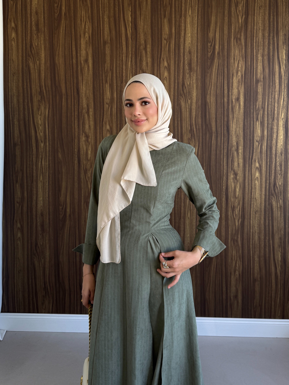 Çizgili Piliseli Uzun Takım Zeytin Yeşili