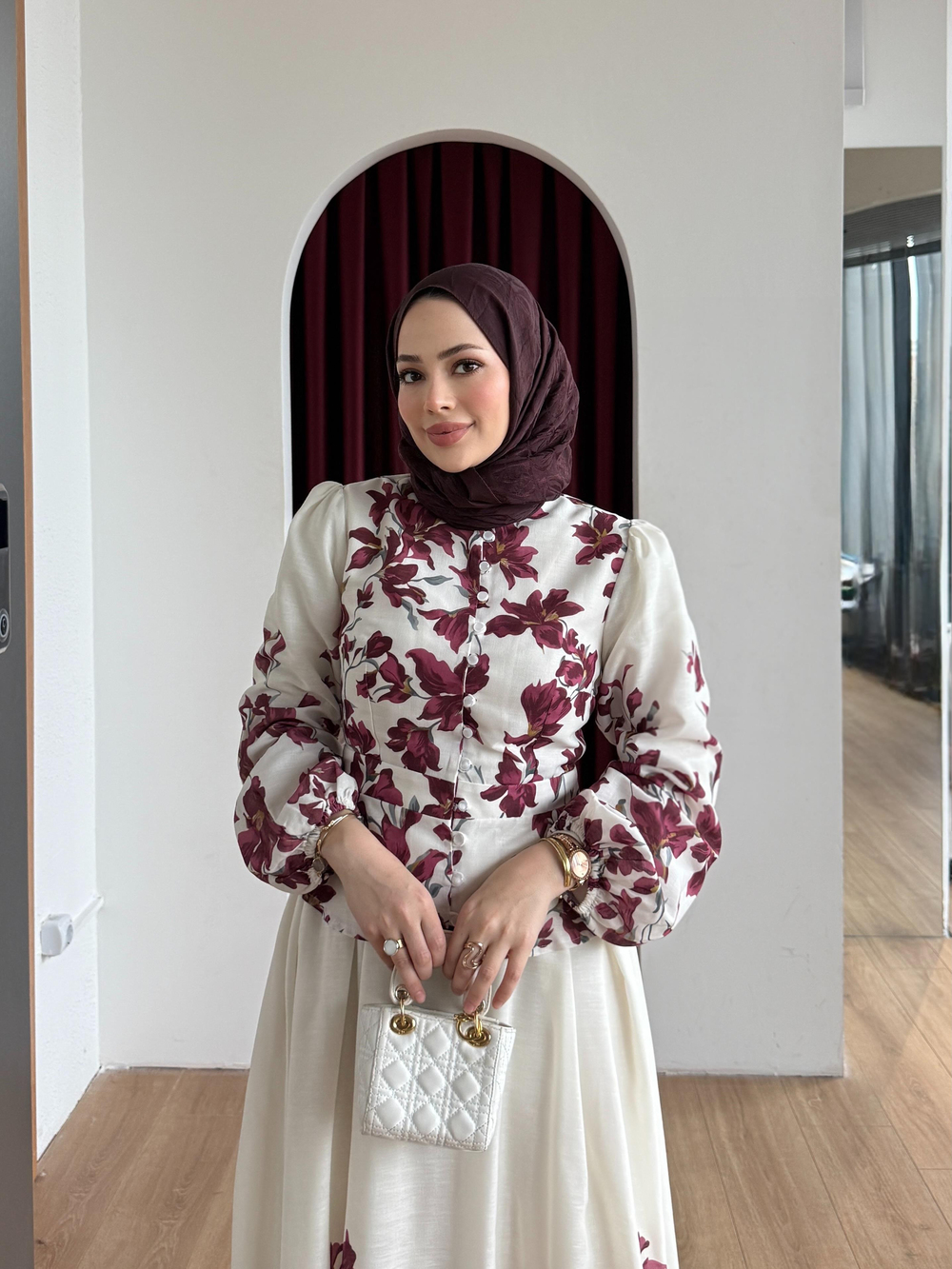 Desenli Keten Etekli Takım Burgundy