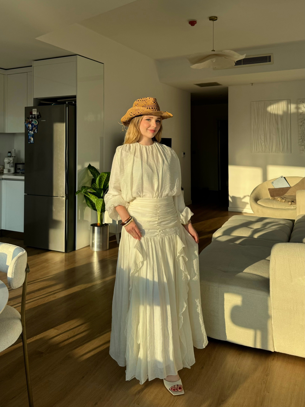 Drape Büzgülü Etek Takım Beyaz