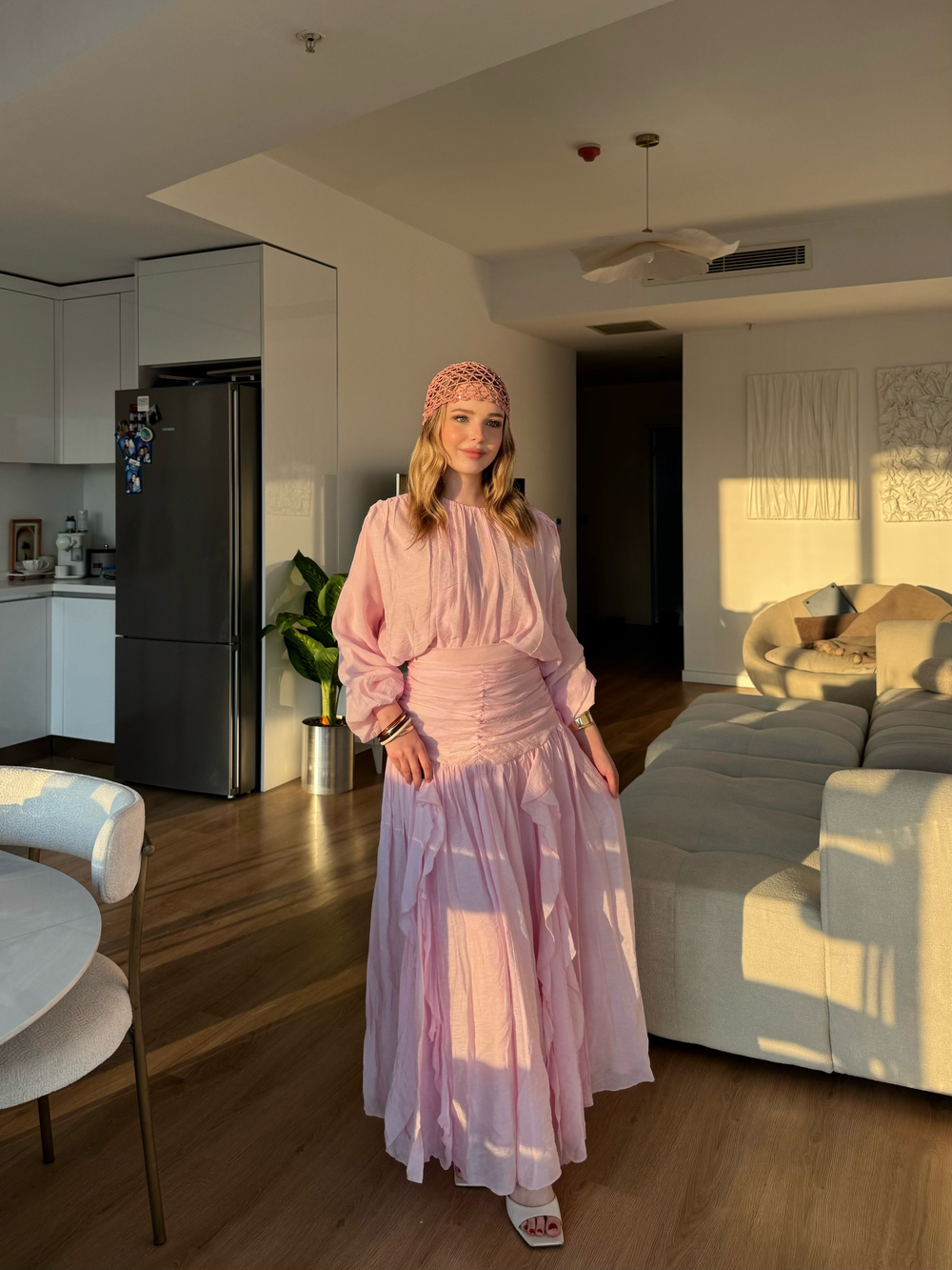Drape Büzgülü Etek Takım Pembe