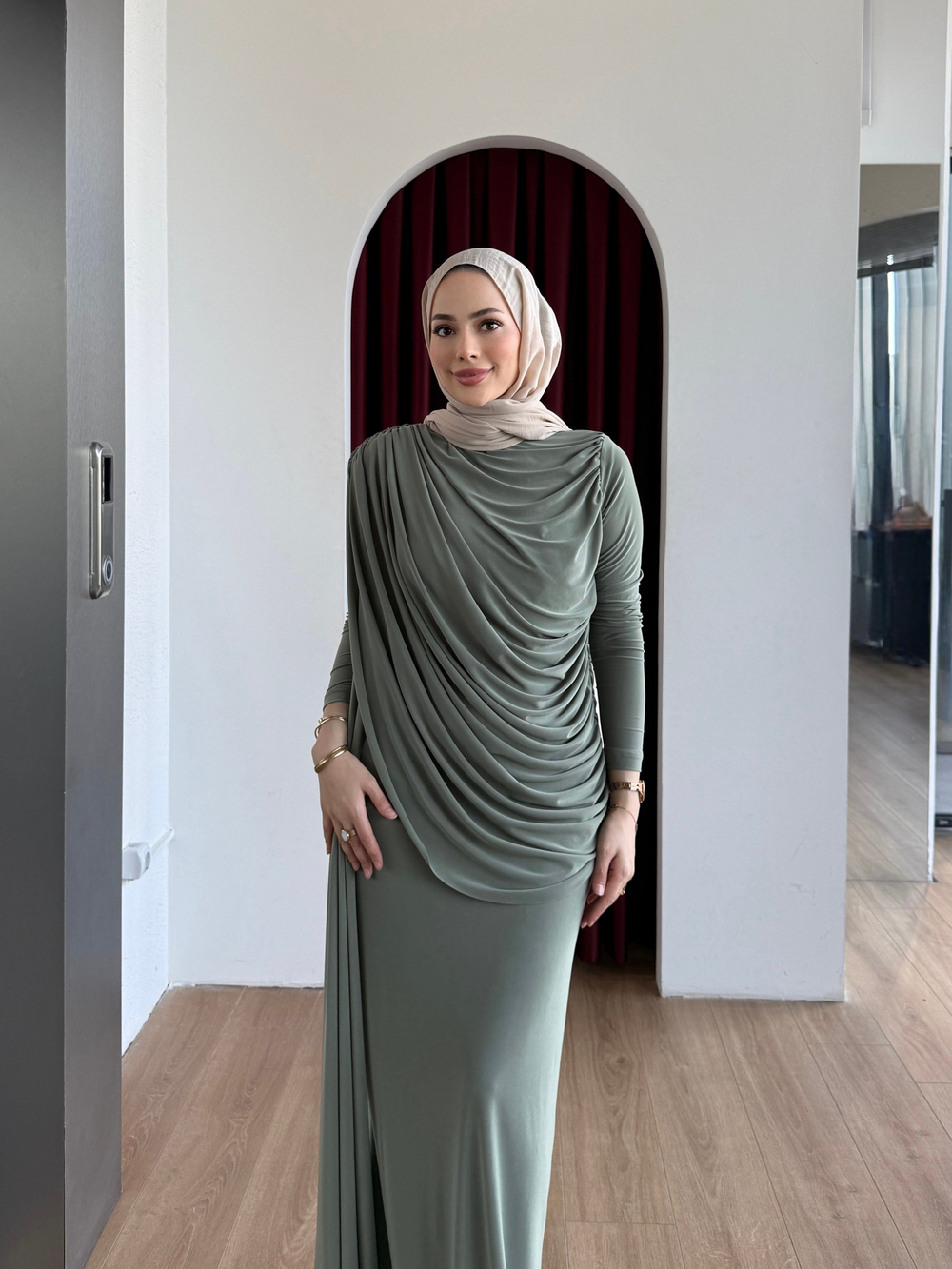 Drape Detaylı Elbise Yeşil