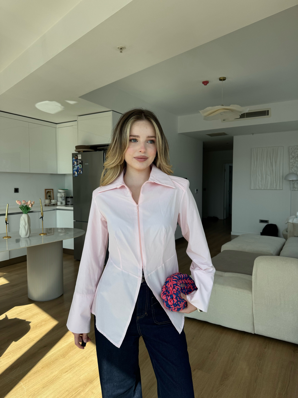 Fermuarlı Belden Oturtmalı Gömlek Pembe