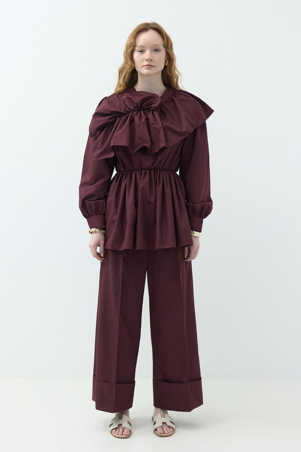 Fırfır Detaylı Pantolon Takım Bordo