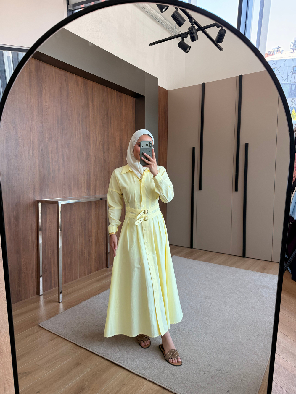 Kemerli Düğmeli Poplin Elbise Sarı