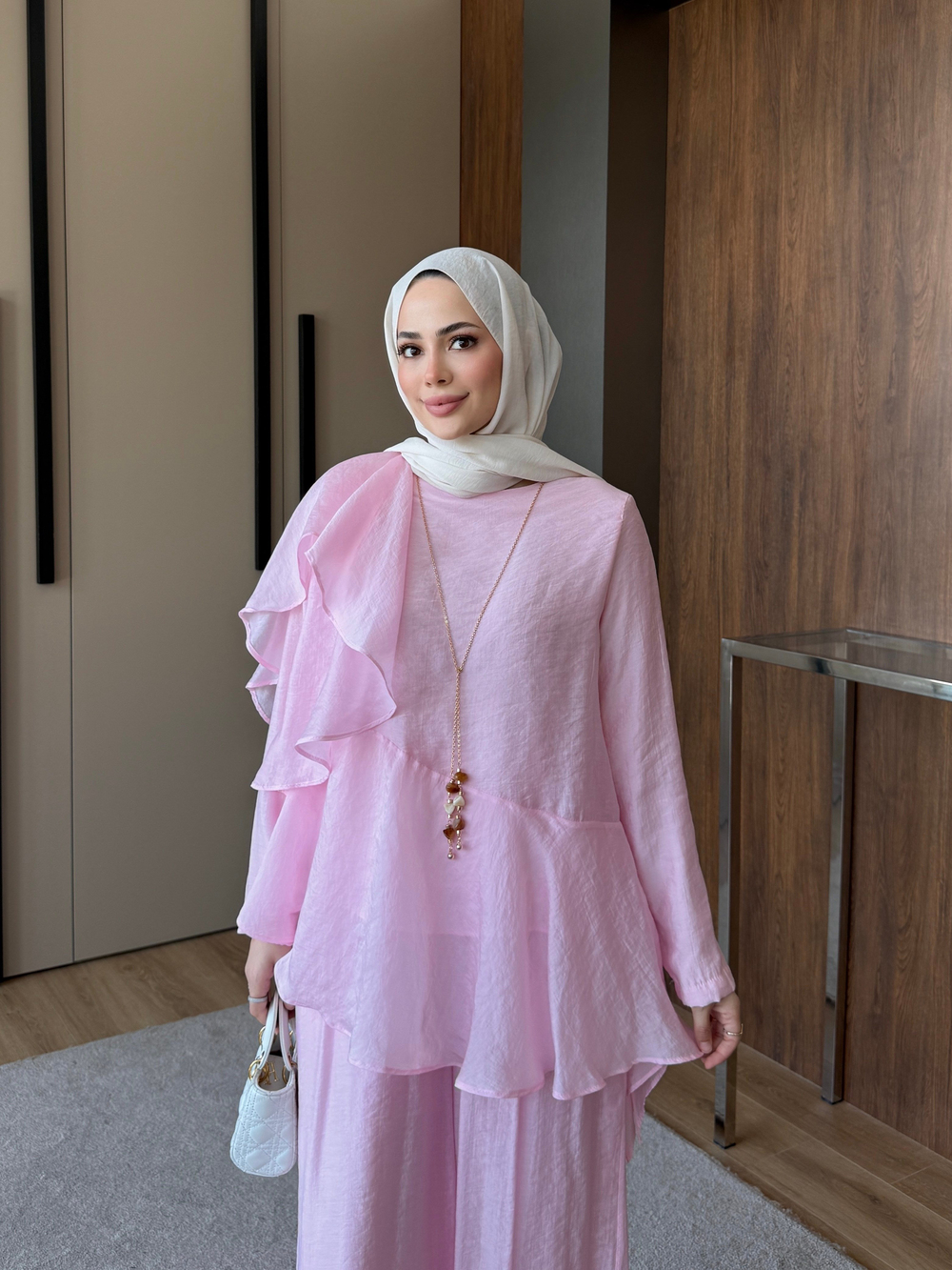 Kol Volanlı Tunik Pantolon Takım Pembe