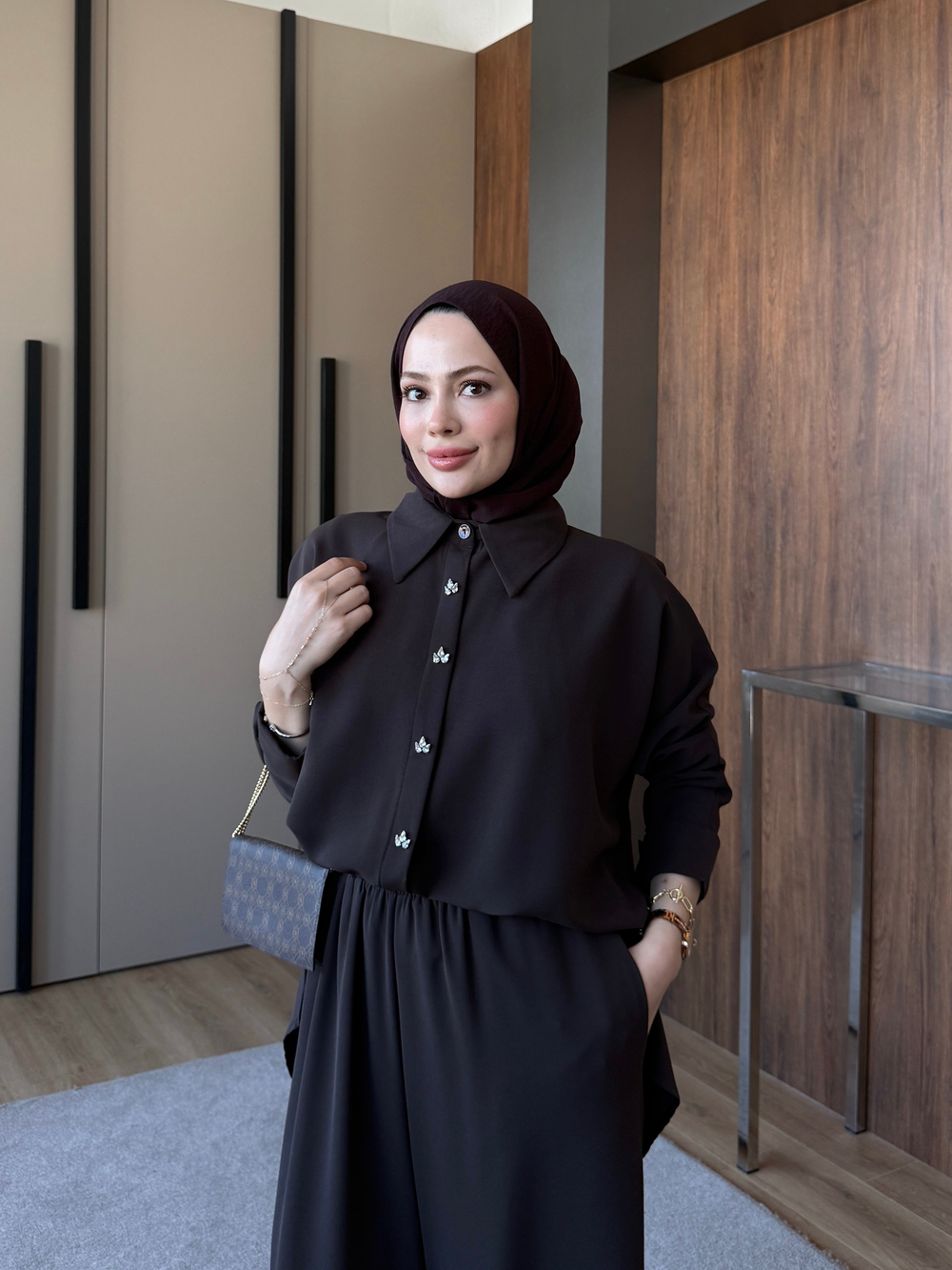 Krep Taş Detaylı Pantolon Takım Mürdüm