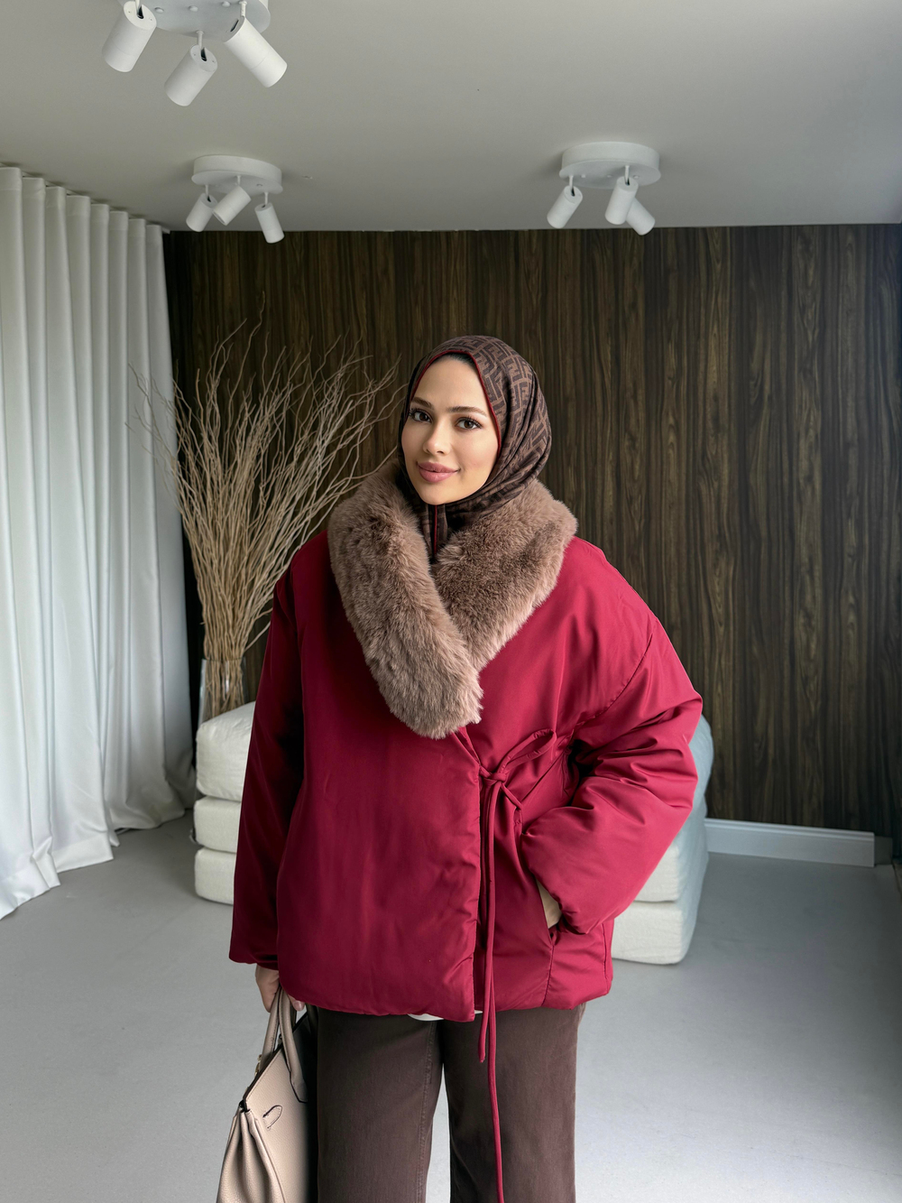 Kürk Detaylı Şişme Mont Bordo 