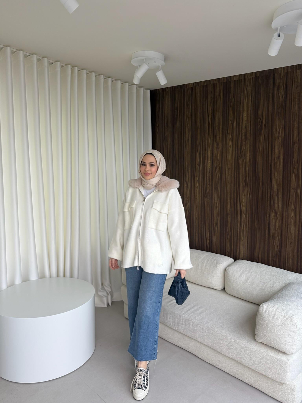 Kürklü Fermuarlı Triko Hırka Krem