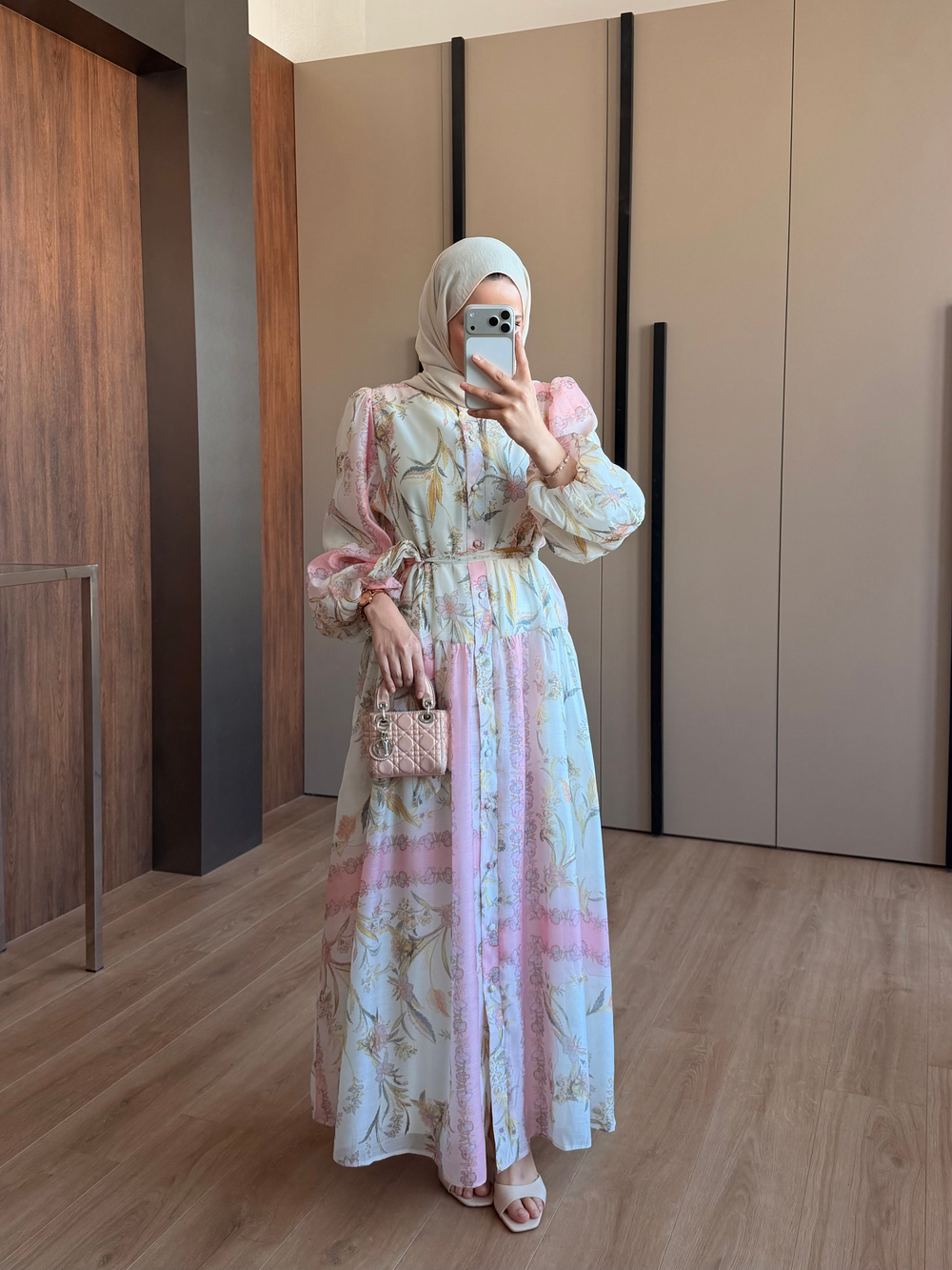 Pamuk Vual Desenli Elbise Pembe