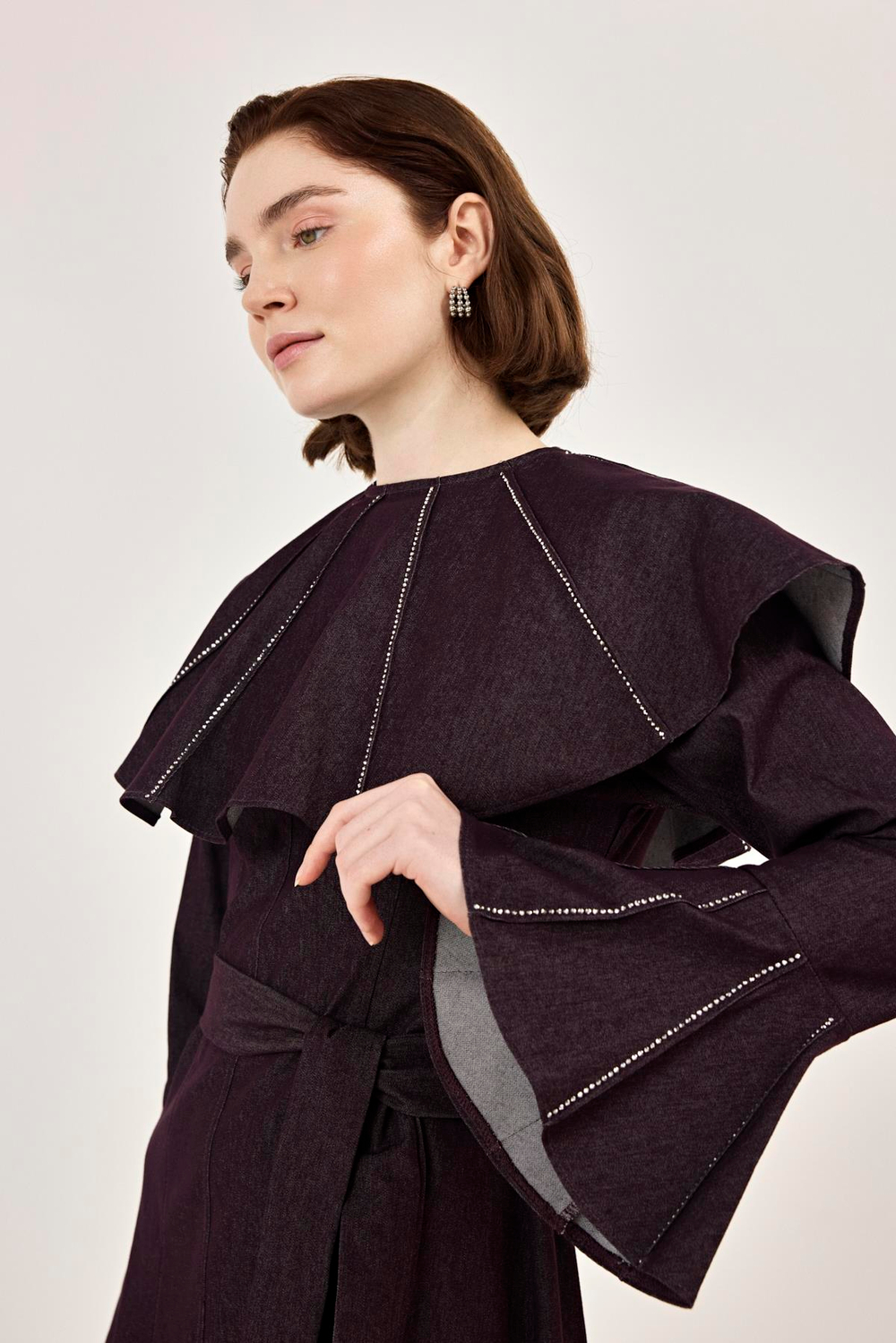 Pelerin Detaylı Taşlı Gabardin Elbise Burgundy