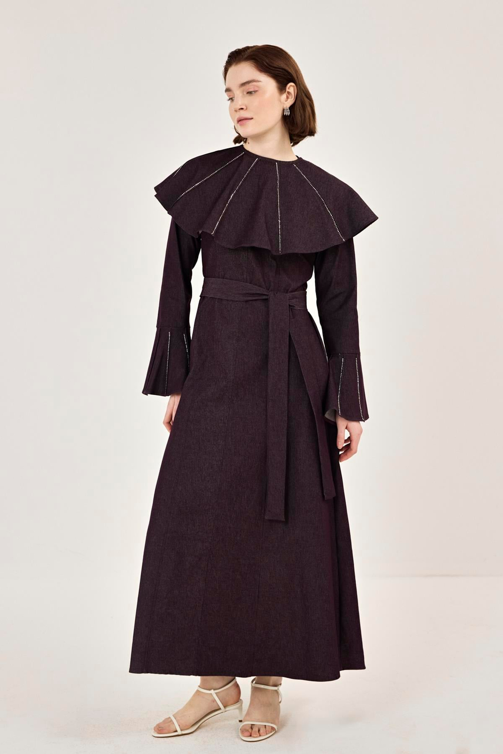 Pelerin Detaylı Taşlı Gabardin Elbise Burgundy