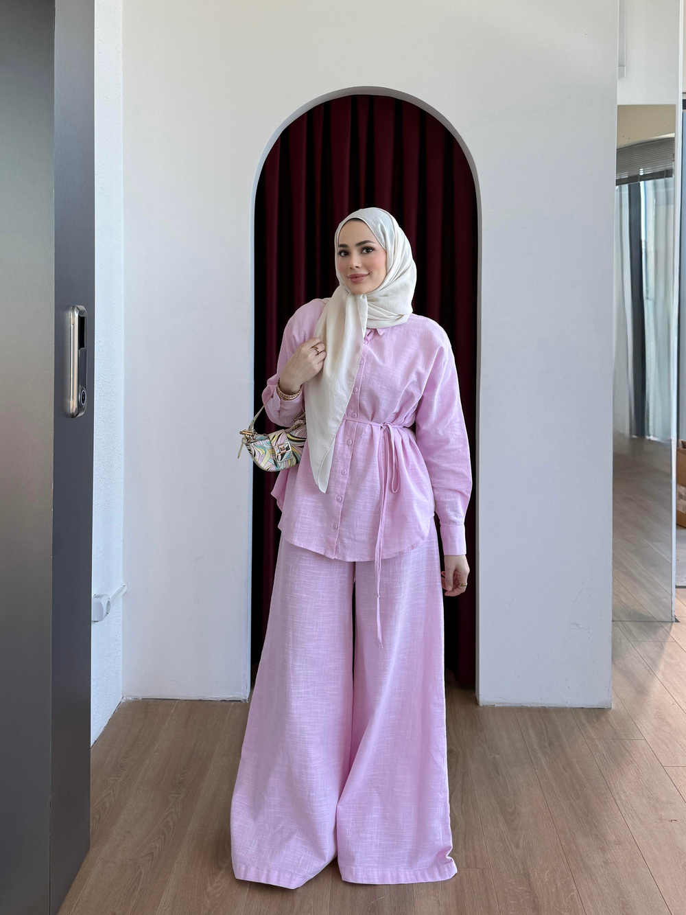 Rahat Kesim Keten Pantolon Takım Pembe