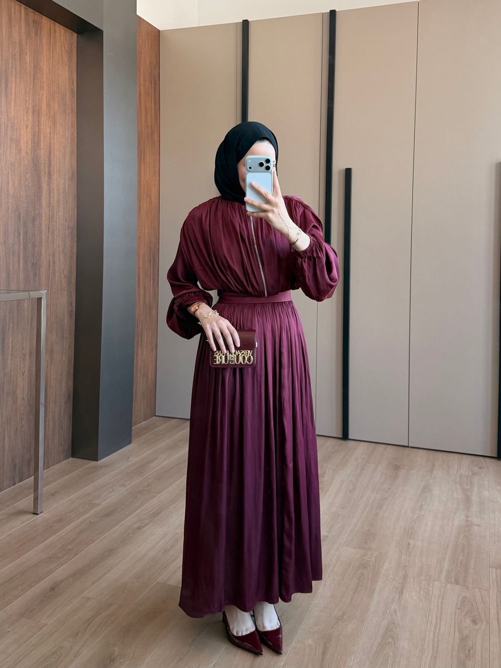 Saten Fermuarlı Etekli Takım Bordo