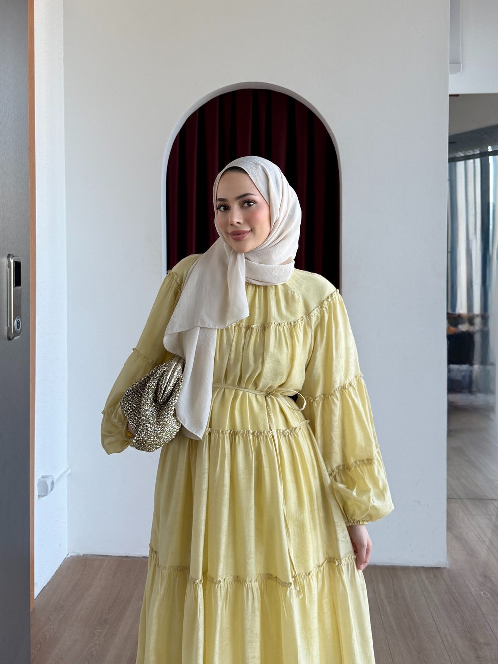 Şerit Detaylı Poplin Elbise Sarı
