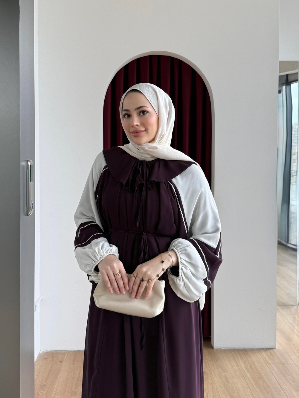 Şerit Detaylı Şifon Elbise Mürdüm
