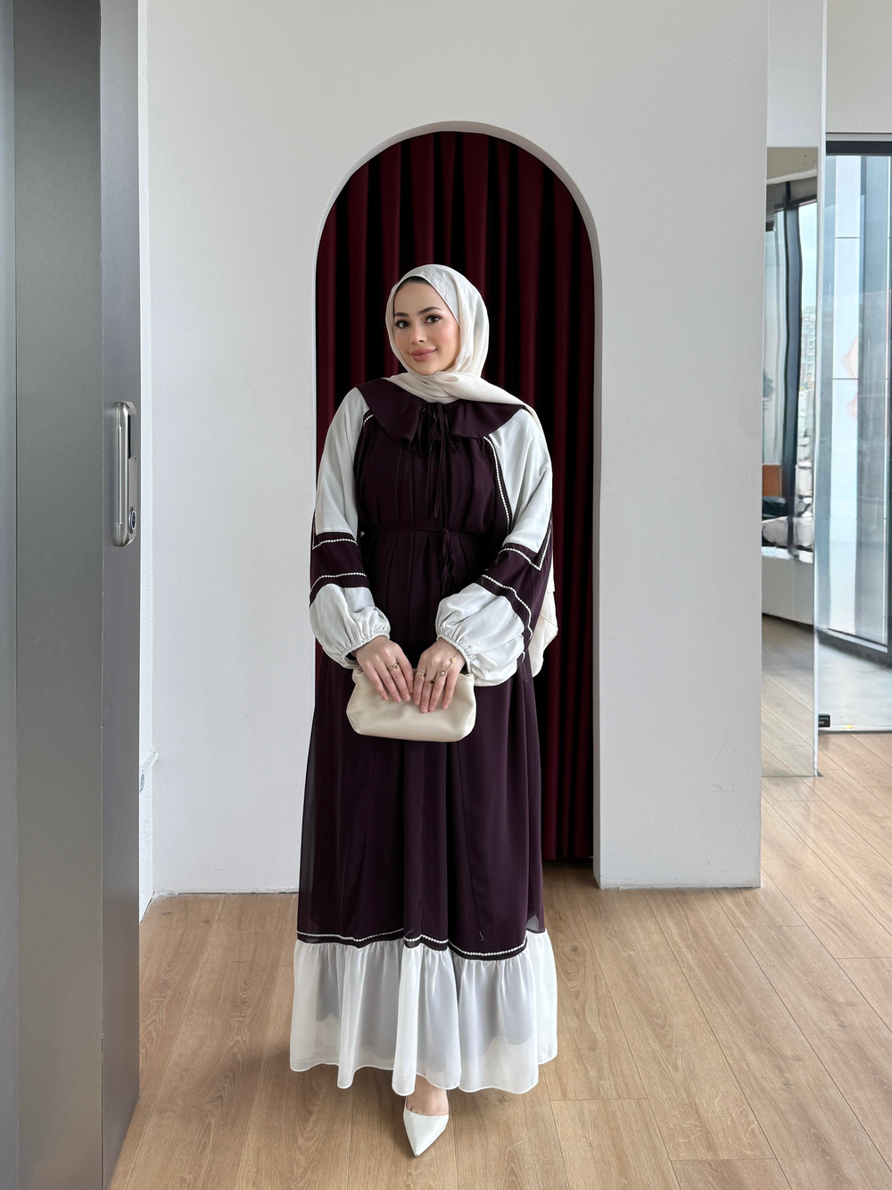 Şerit Detaylı Şifon Elbise Mürdüm