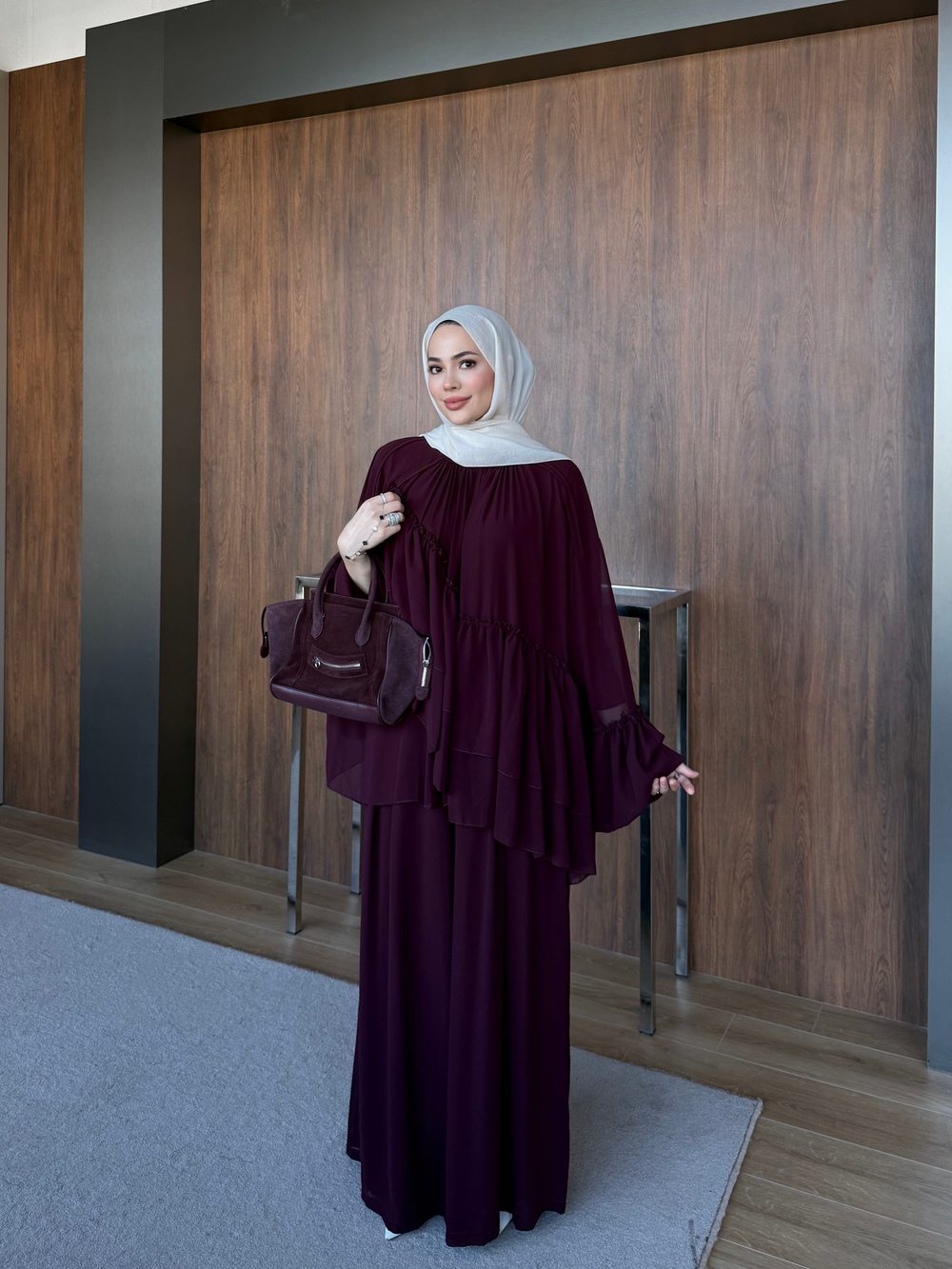 Şeritli Şifon Pantolon Takım Mürdüm