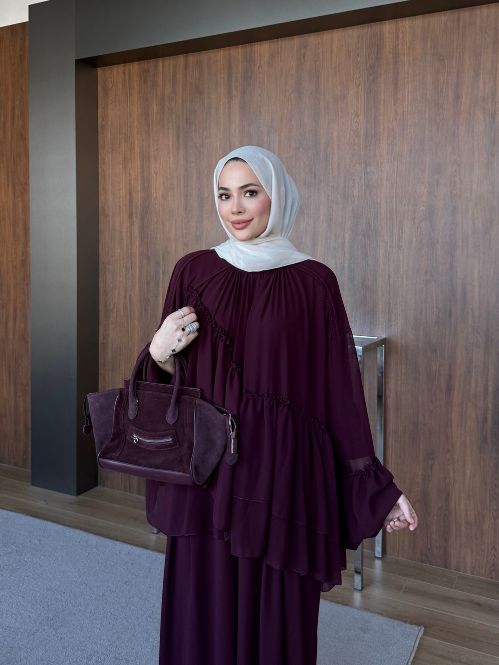 Şeritli Şifon Pantolon Takım Mürdüm