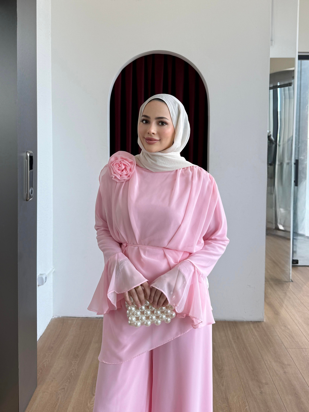 Seyyar Gül Şifon Takım Pembe