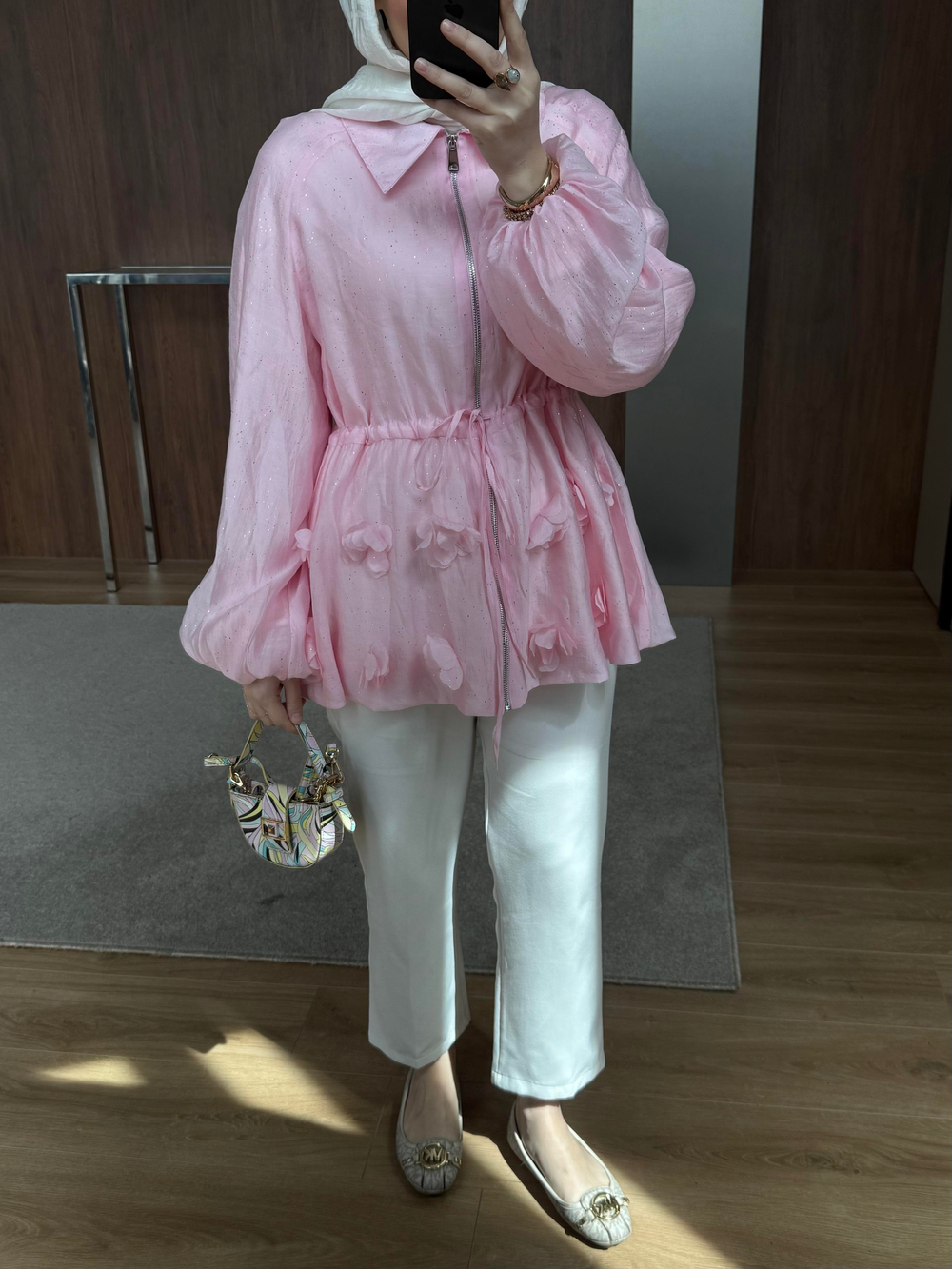 Simli İnce Tensel Balon Ceket Pembe