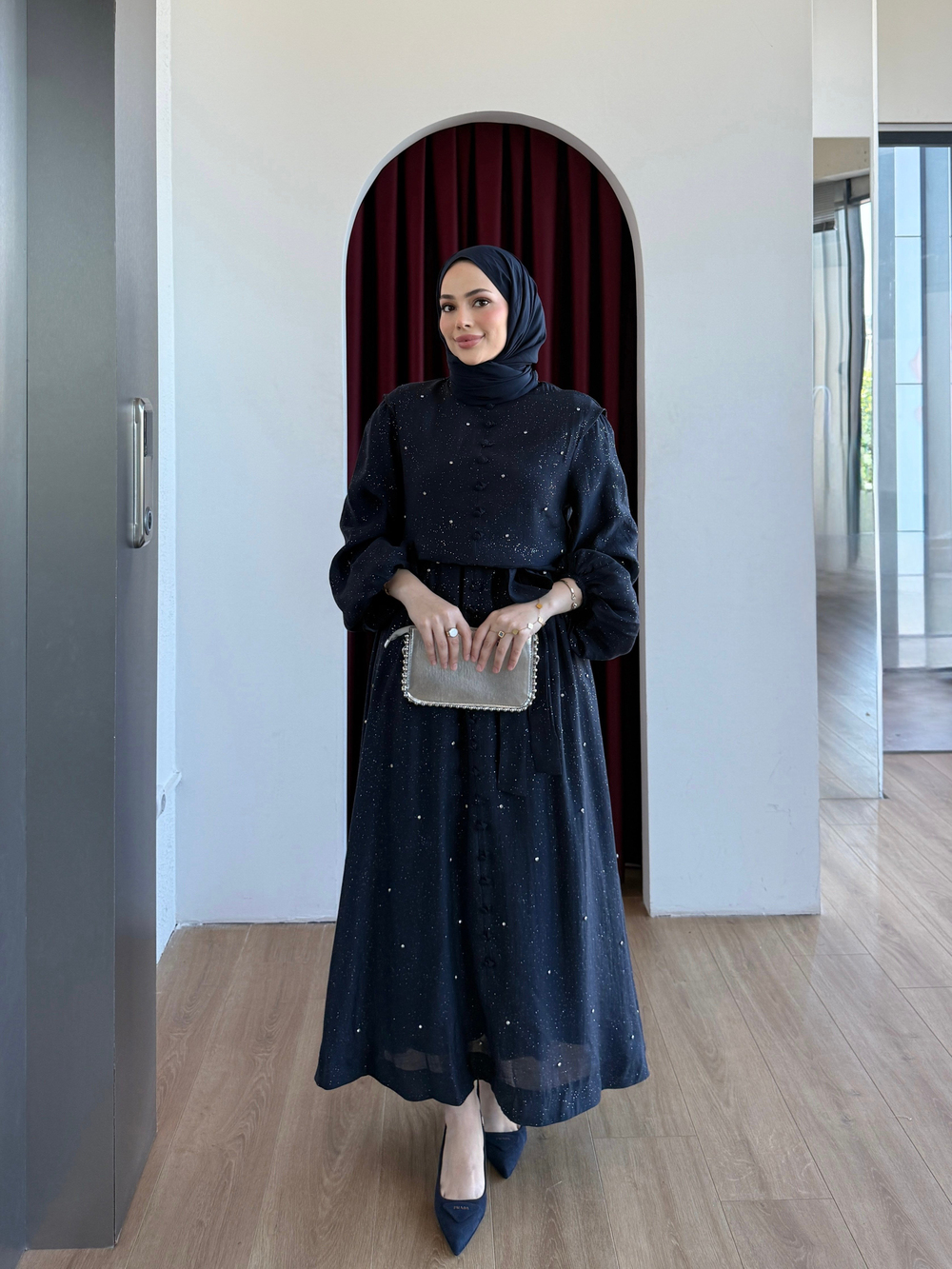 Simli Taşlı Organze Elbise Lacivert
