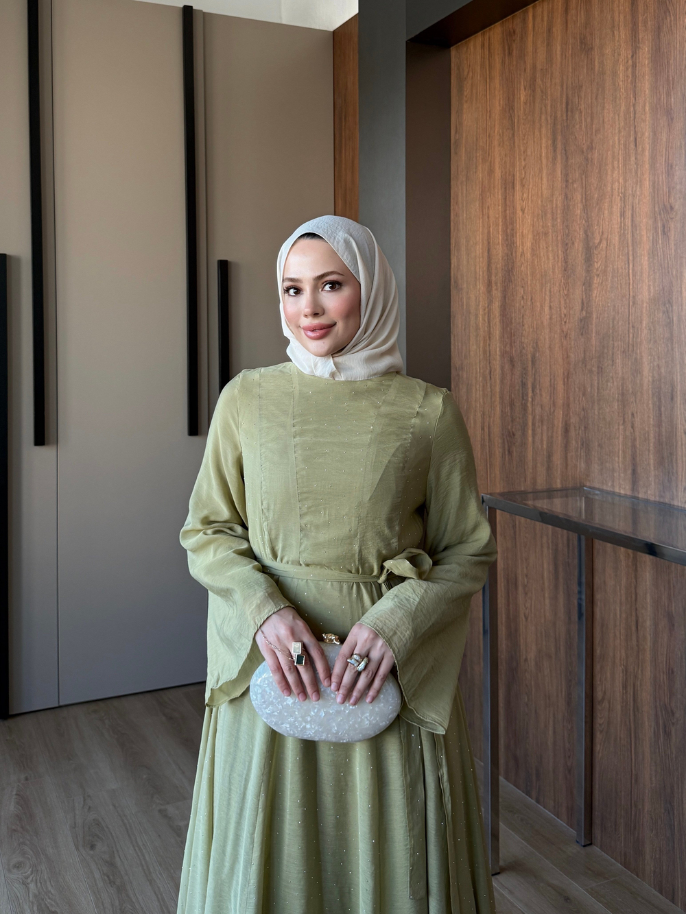 Taş Detaylı Vual Elbise Yeşil