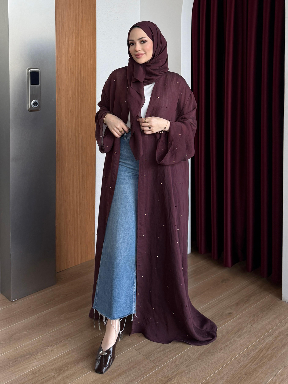 Taşlı Abaya Bordo