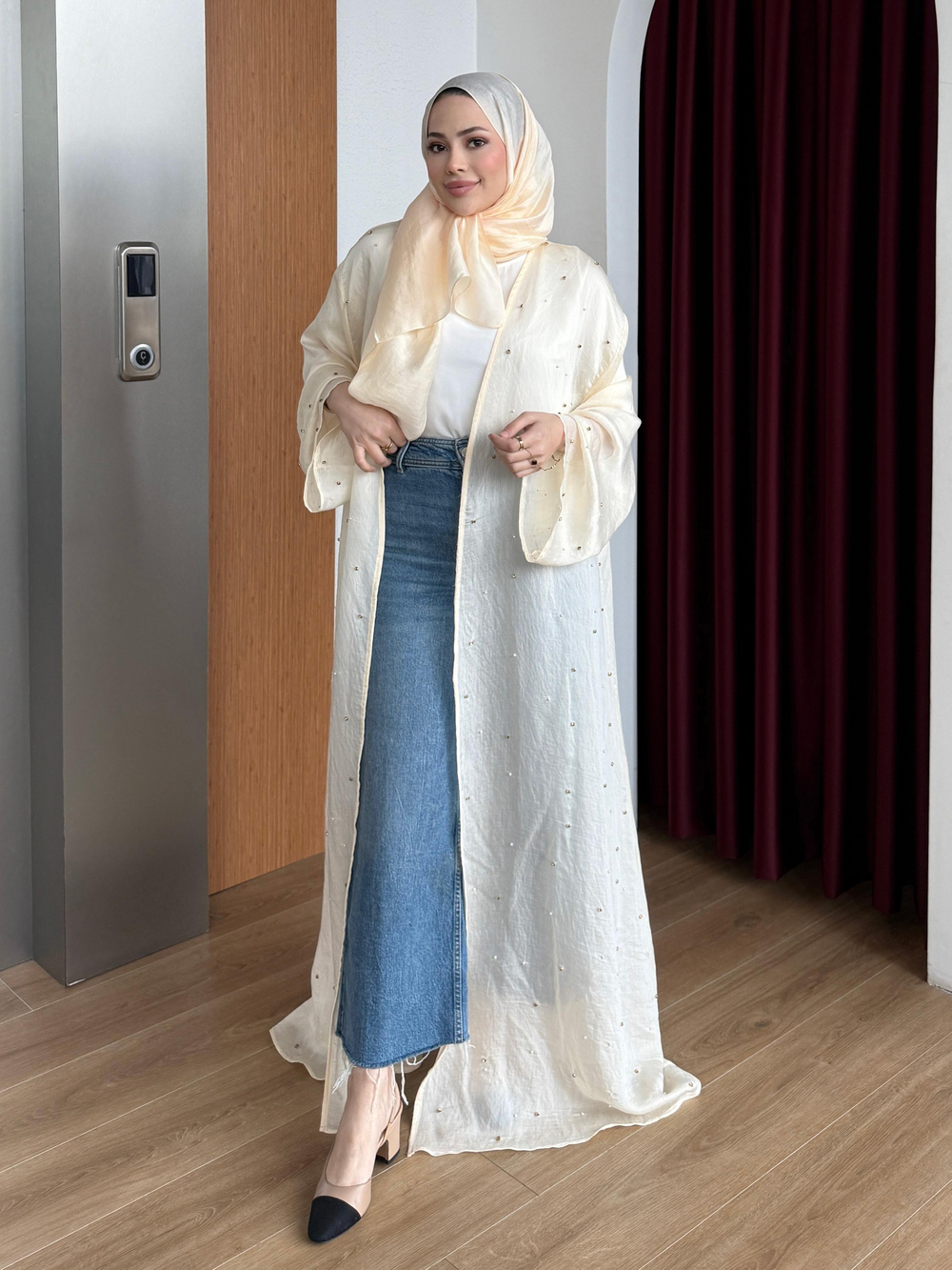 Taşlı Abaya Sarı